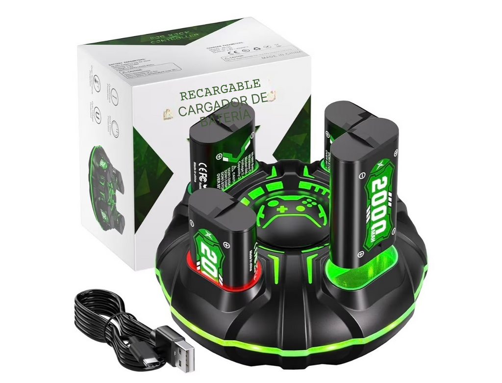 4×2000mAh Pilas Recargables Xbox con Estación de Cargador Rápido y Luz LED,Batería Recargable Compatible con Xbox One/Xbox Series X|S Xbox One S/Xbox One X/Xbox One Elite